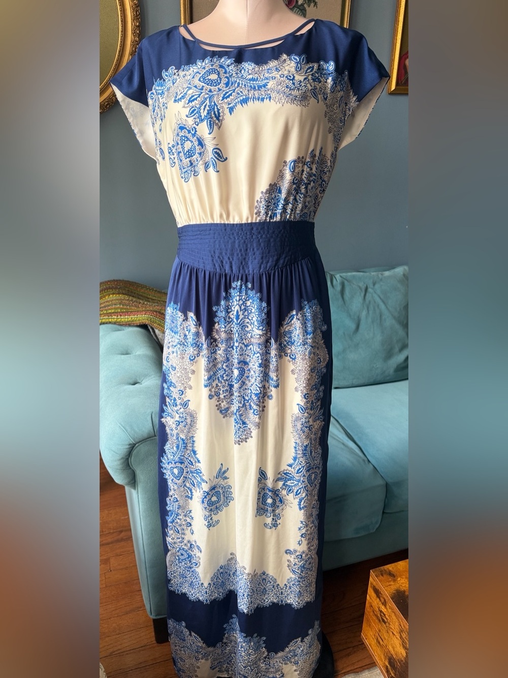 Blue and Cream Paisley Maxi Dress